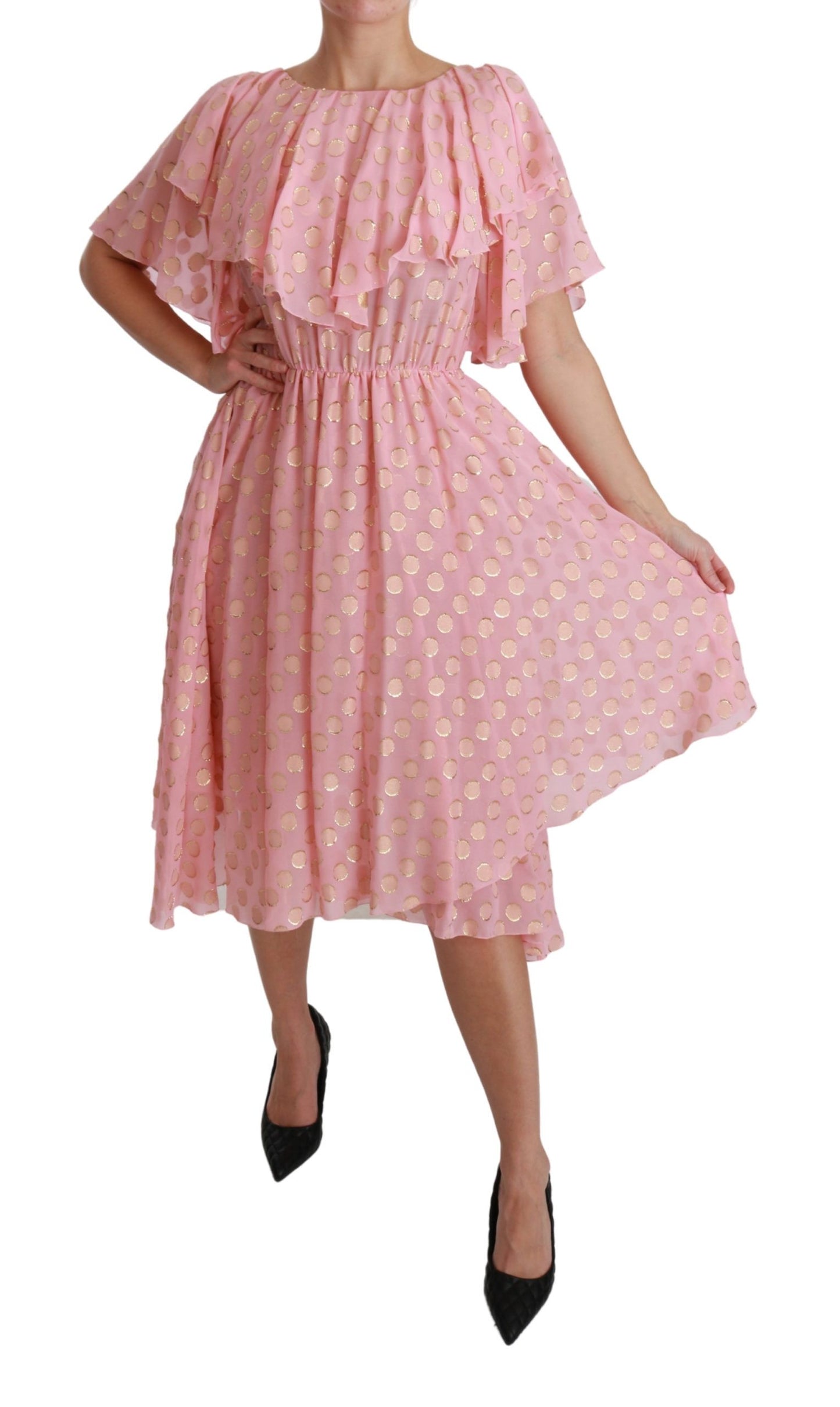 Silk Pink Polka Dots Pleated A-line Midi Dress-Dolce & Gabbana-LabelTerrace.com