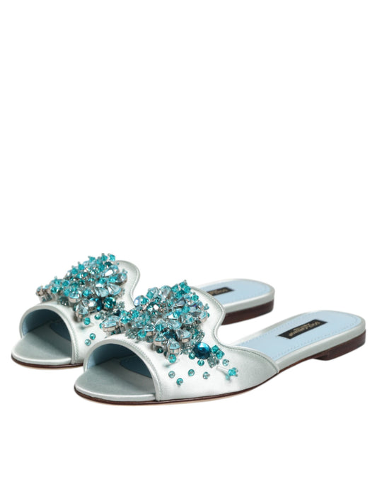 Silver Blue Leather Bead Embellish Slide Shoes-Dolce & Gabbana-LabelTerrace.com