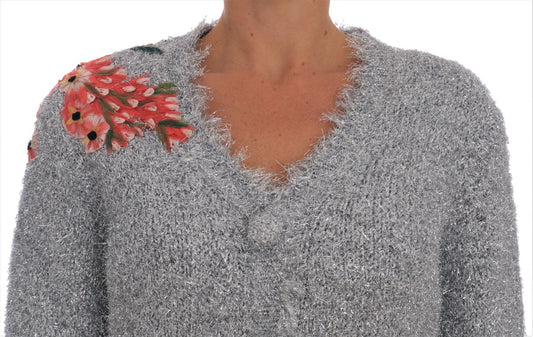 Silver Cardigan Floral Applique Sweater-Dolce & Gabbana-LabelTerrace.com
