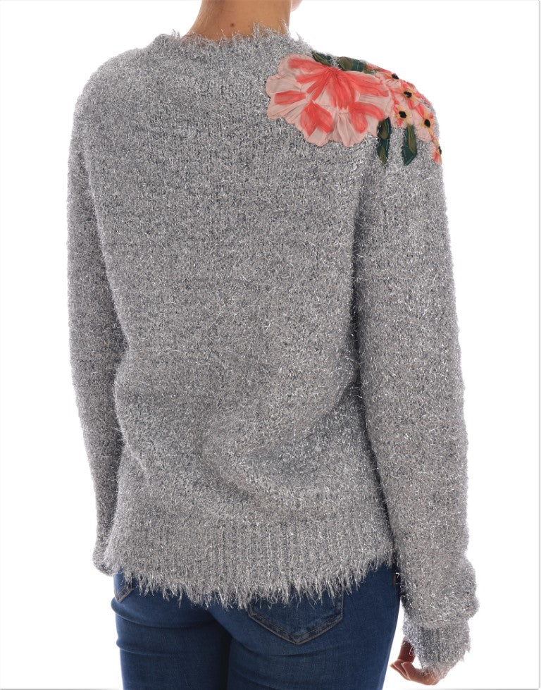 Silver Cardigan Floral Applique Sweater-Dolce & Gabbana-LabelTerrace.com