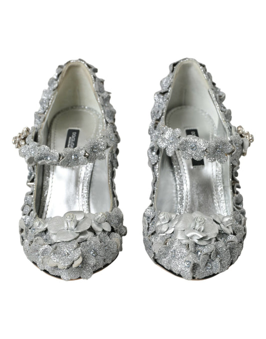 Silver Floral Crystal Mary Jane Pumps Shoes-Dolce & Gabbana-LabelTerrace.com