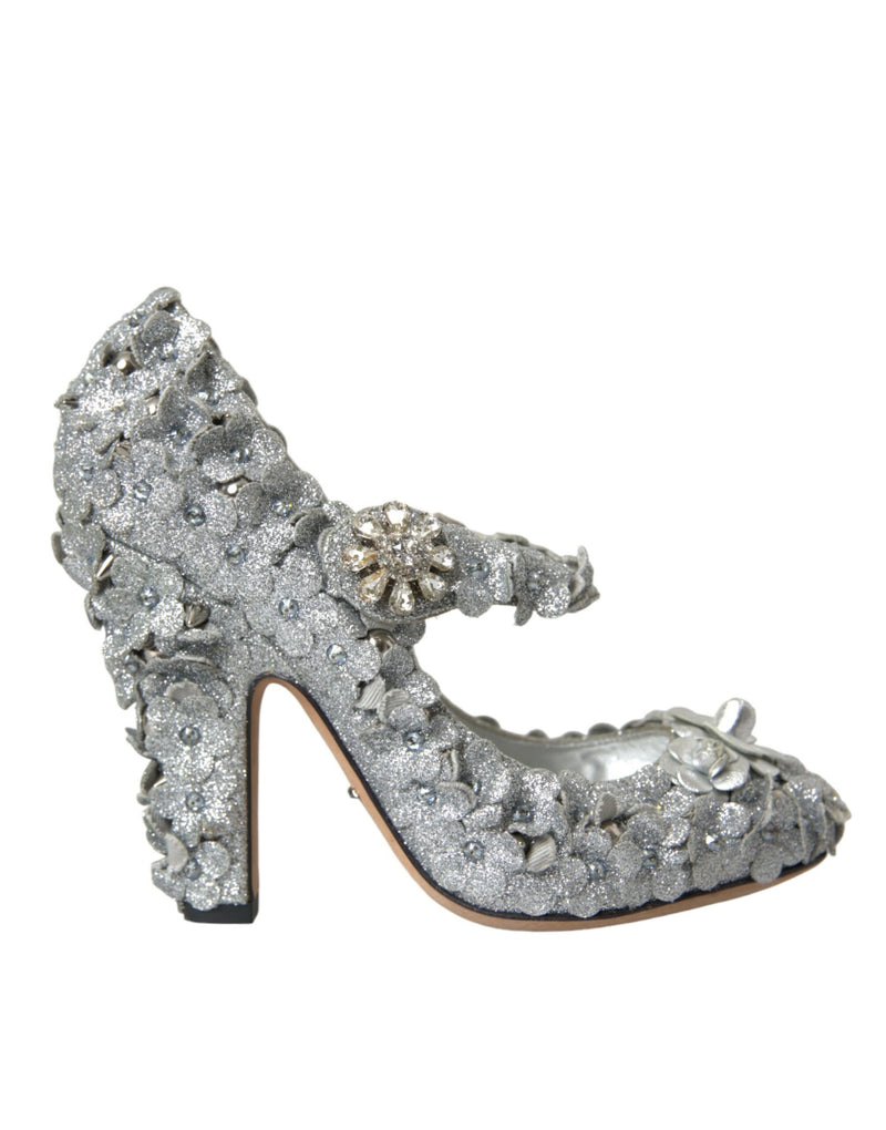 Silver Floral Crystal Mary Jane Pumps Shoes-Dolce & Gabbana-LabelTerrace.com