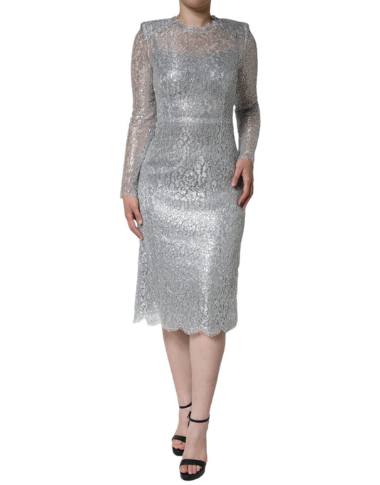 Silver Floral Lace Bodycon Sheath Midi Dress-Dolce & Gabbana-LabelTerrace.com