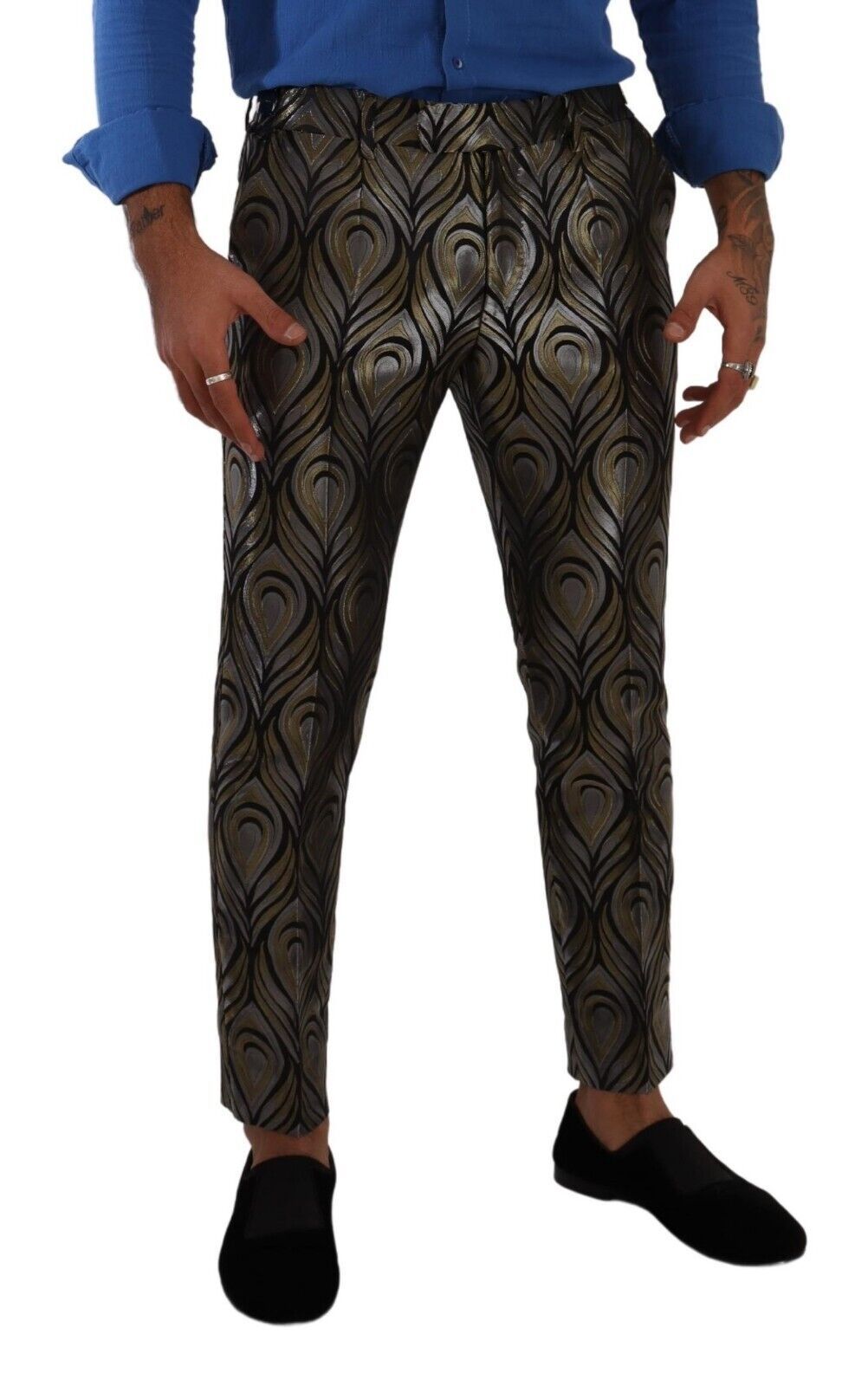 Silver Gold Jacquard Men Trouser Dress Pants-Dolce & Gabbana-LabelTerrace.com