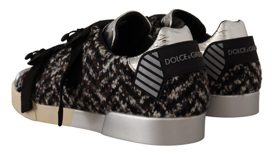 Silver Leather Brown Cotton Wool Sneakers Shoes-Dolce & Gabbana-LabelTerrace.com