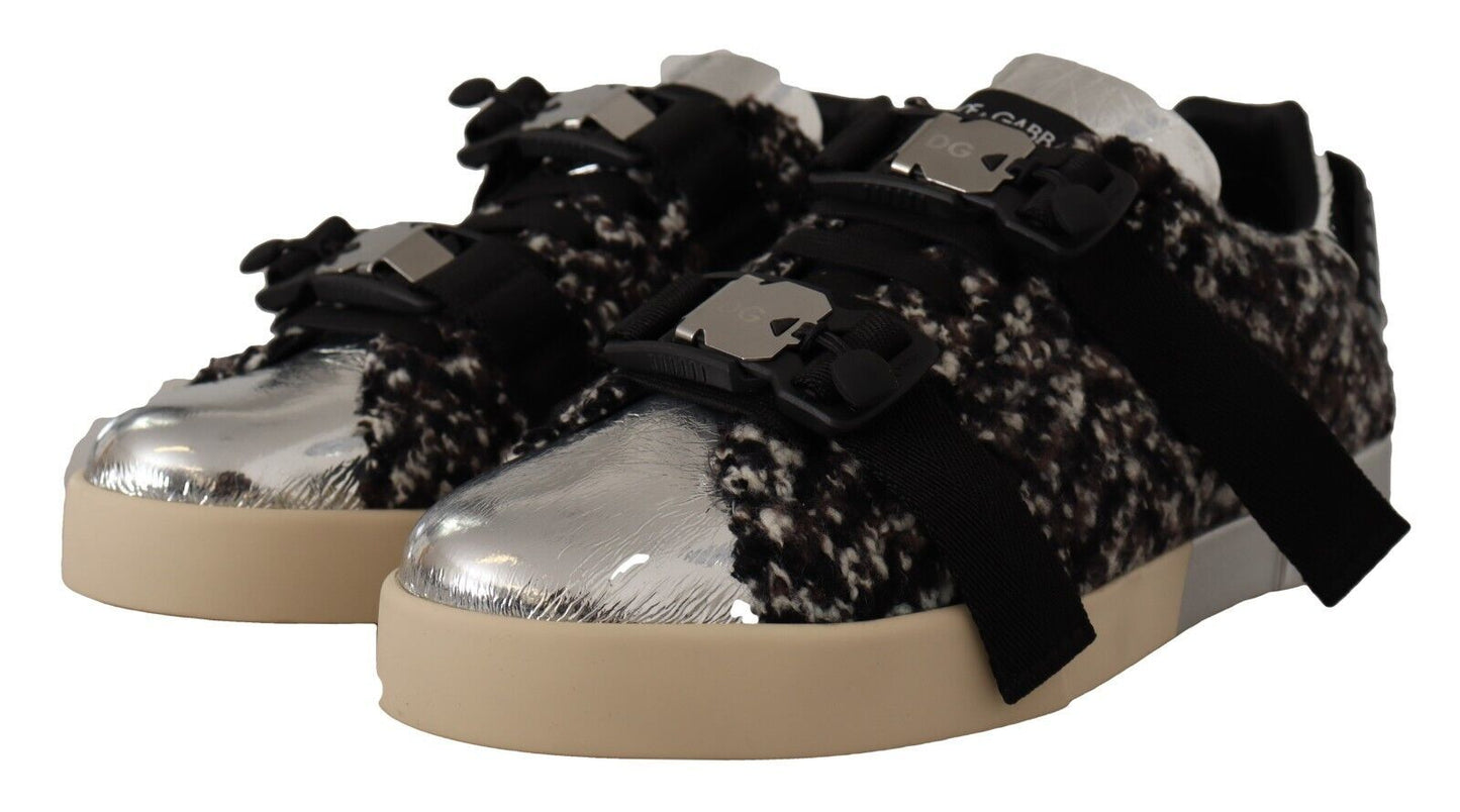 Silver Leather Brown Cotton Wool Sneakers Shoes-Dolce & Gabbana-LabelTerrace.com
