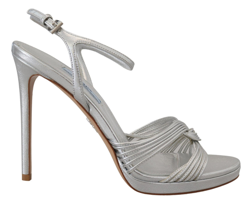 Silver Leather Sandals Ankle Strap Heels Stiletto-Prada-LabelTerrace.com