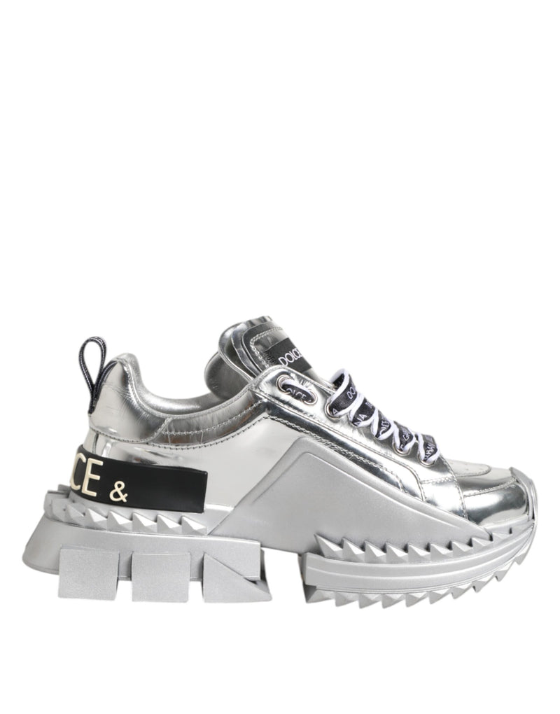 Silver Leather Super Queen Sneakers Shoes-Dolce & Gabbana-LabelTerrace.com