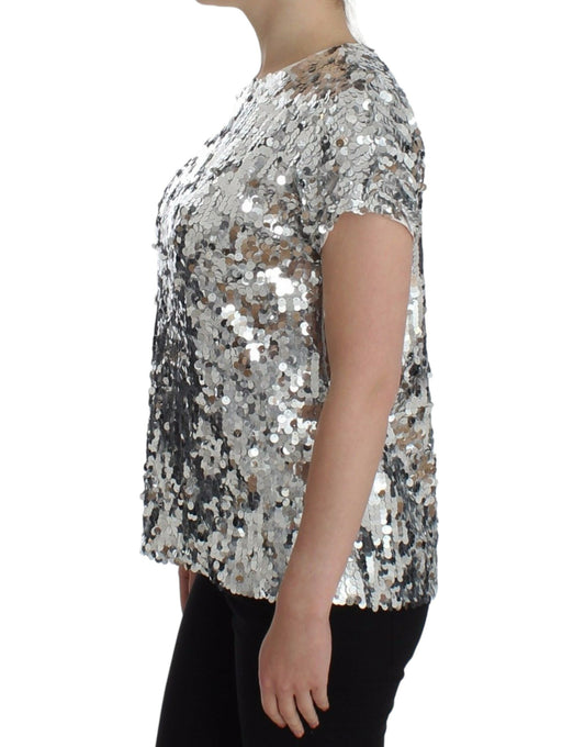 Silver Sequined Crewneck Blouse T-shirt Top-Dolce & Gabbana-LabelTerrace.com