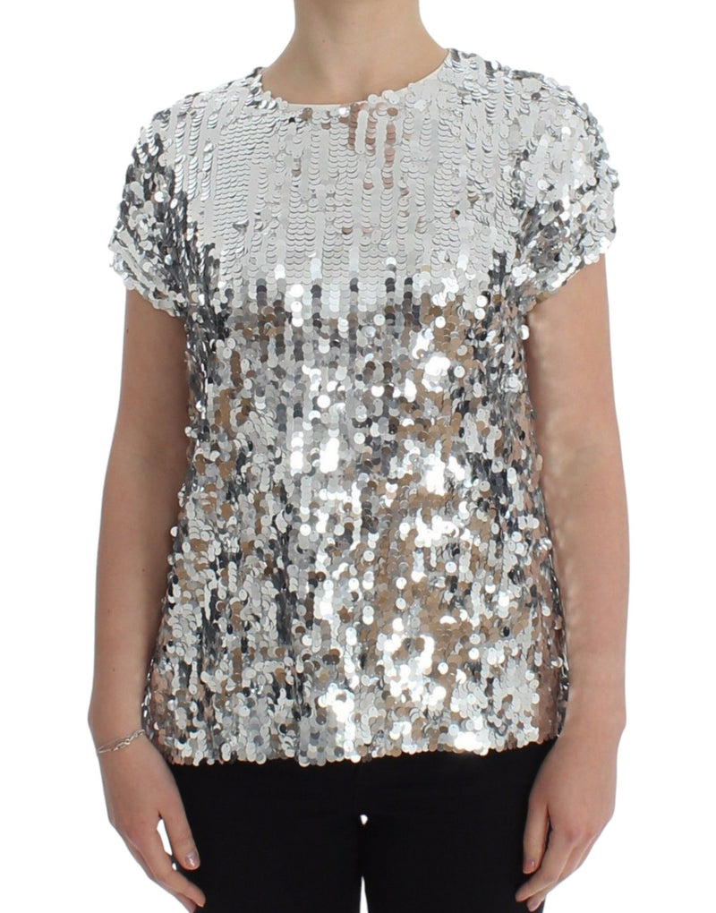 Silver Sequined Crewneck Blouse T-shirt Top-Dolce & Gabbana-LabelTerrace.com