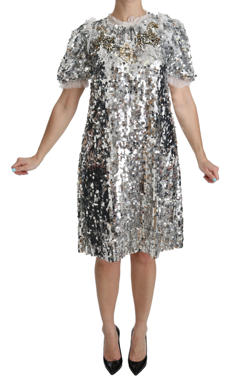 Silver Sequined Crystal Shift Gown Dress-Dolce & Gabbana-LabelTerrace.com