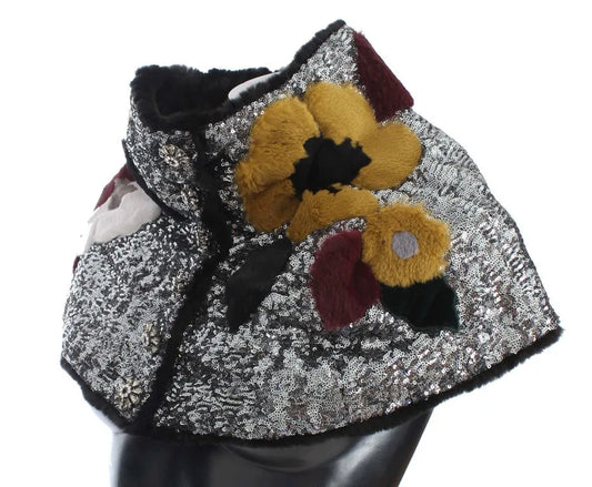 Silver Sequined Floral Weasel Fur Shoulder Scarf Wrap-Dolce & Gabbana-LabelTerrace.com