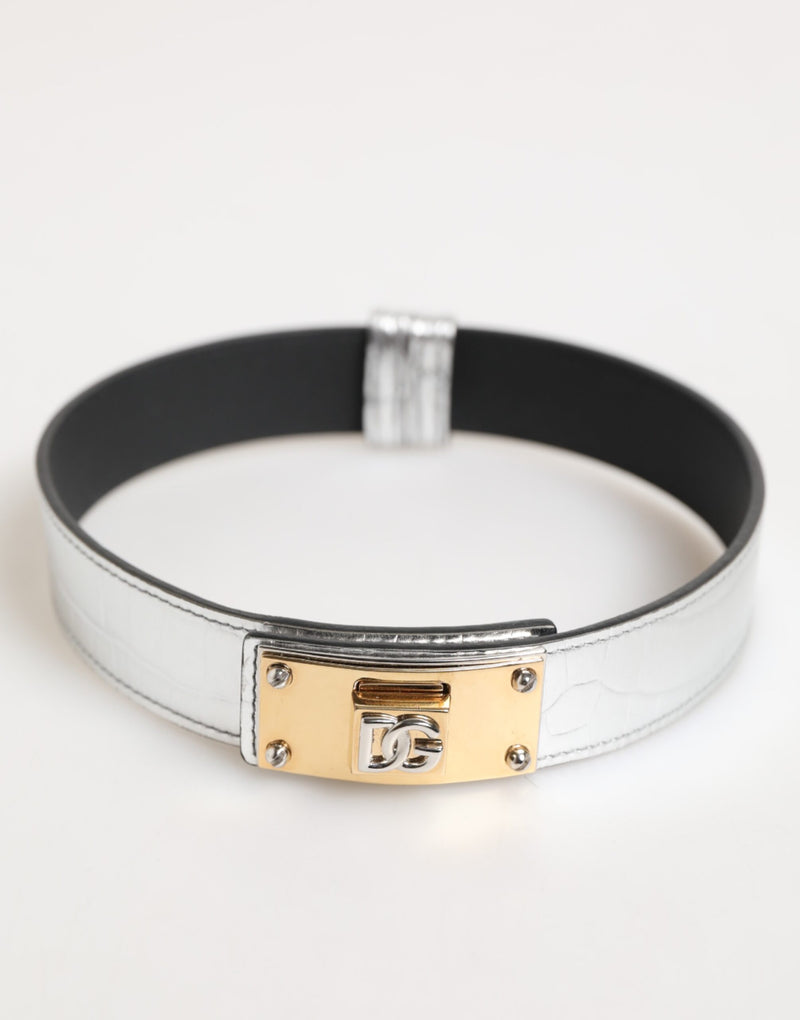 Silver Textured Leather Gold Tone Metal Neckband-Dolce & Gabbana-LabelTerrace.com