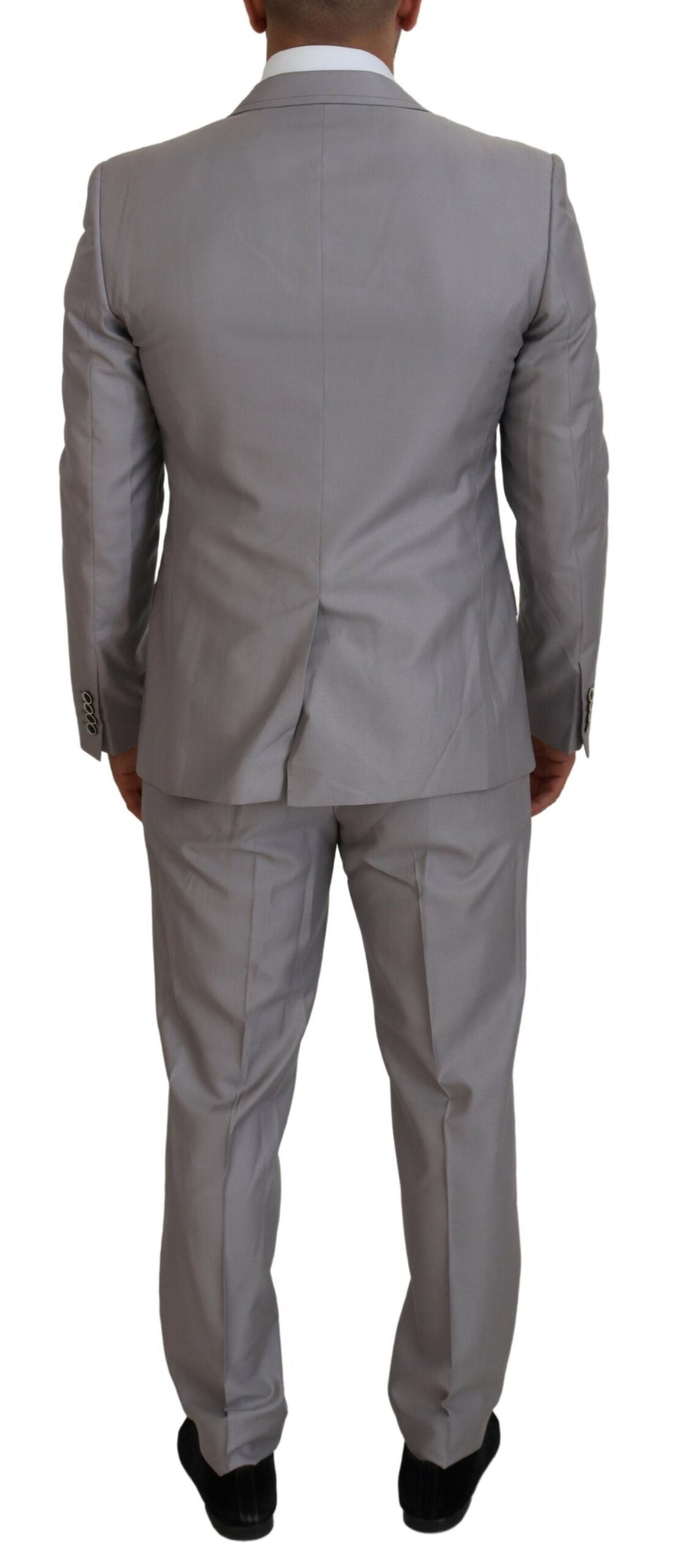 Silver Wool Silk 3 Piece Slim Fit Suit-Dolce & Gabbana-LabelTerrace.com