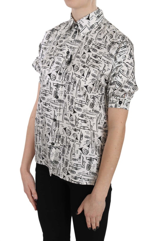 Trumpet Print Button Front Silk Top Blouse-Dolce & Gabbana-LabelTerrace.com