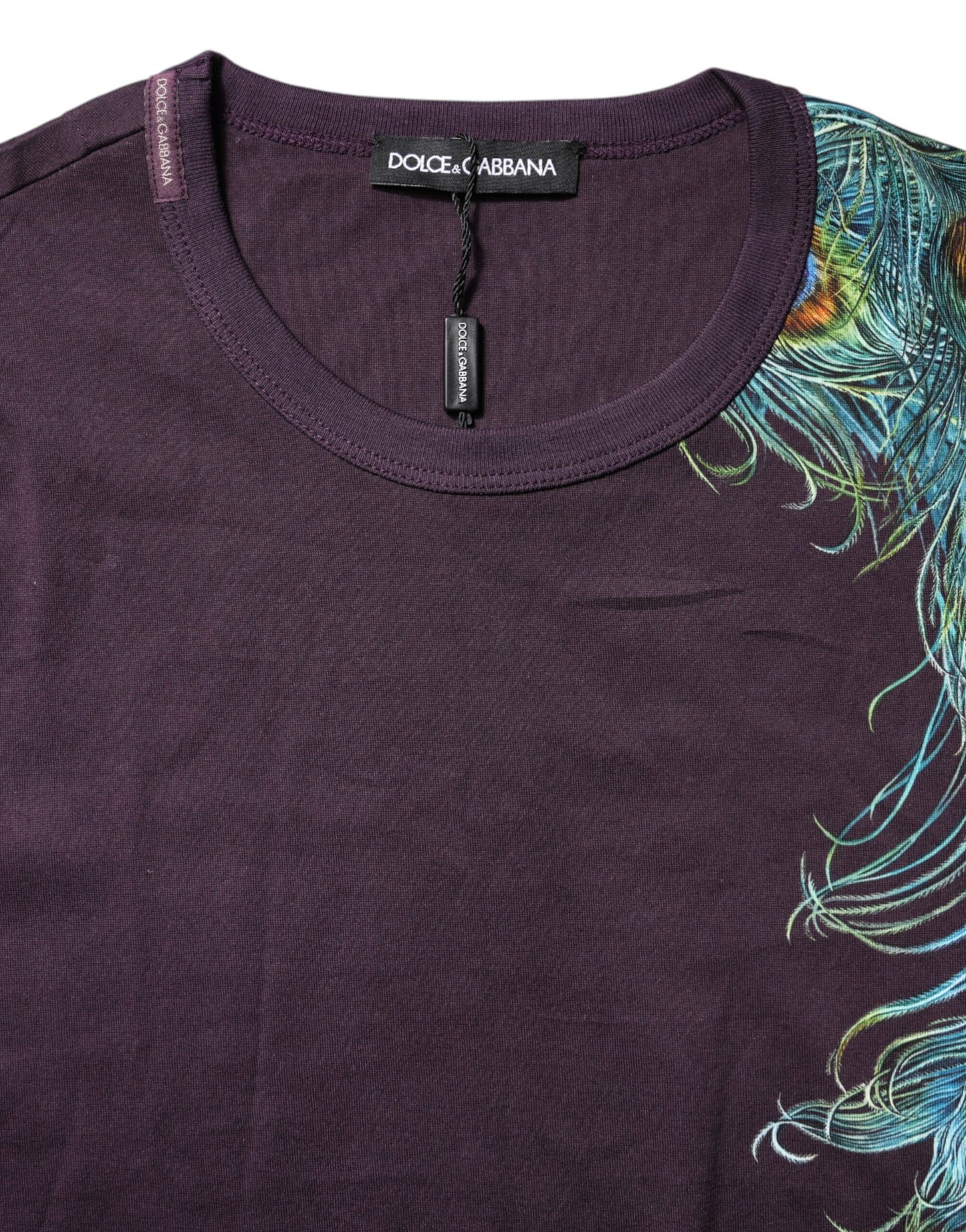 Violet Peacock Feather Men Crew Neck T-Shirt-Dolce & Gabbana-LabelTerrace.com
