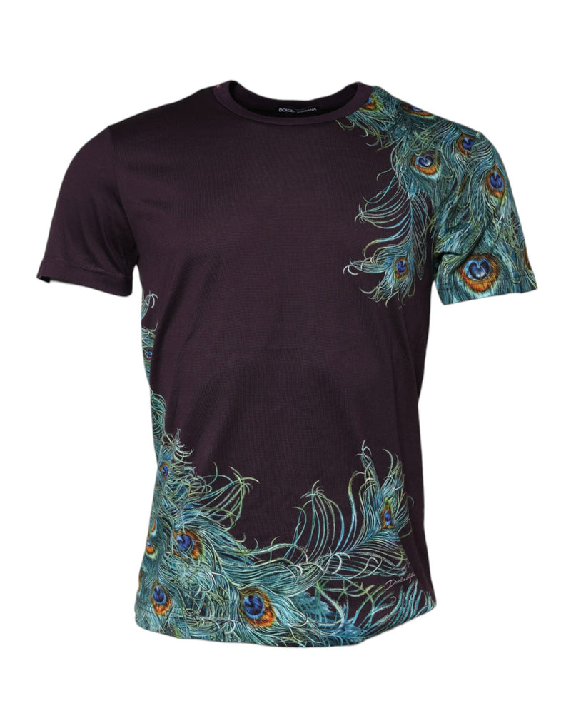 Violet Peacock Feather Men Crew Neck T-Shirt-Dolce & Gabbana-LabelTerrace.com
