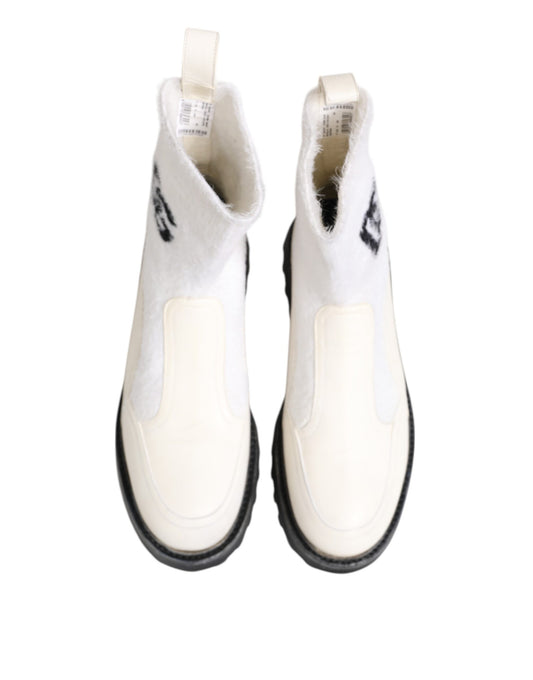 White Beige DG Logo Mid Calf Boots Shoes-Dolce & Gabbana-LabelTerrace.com