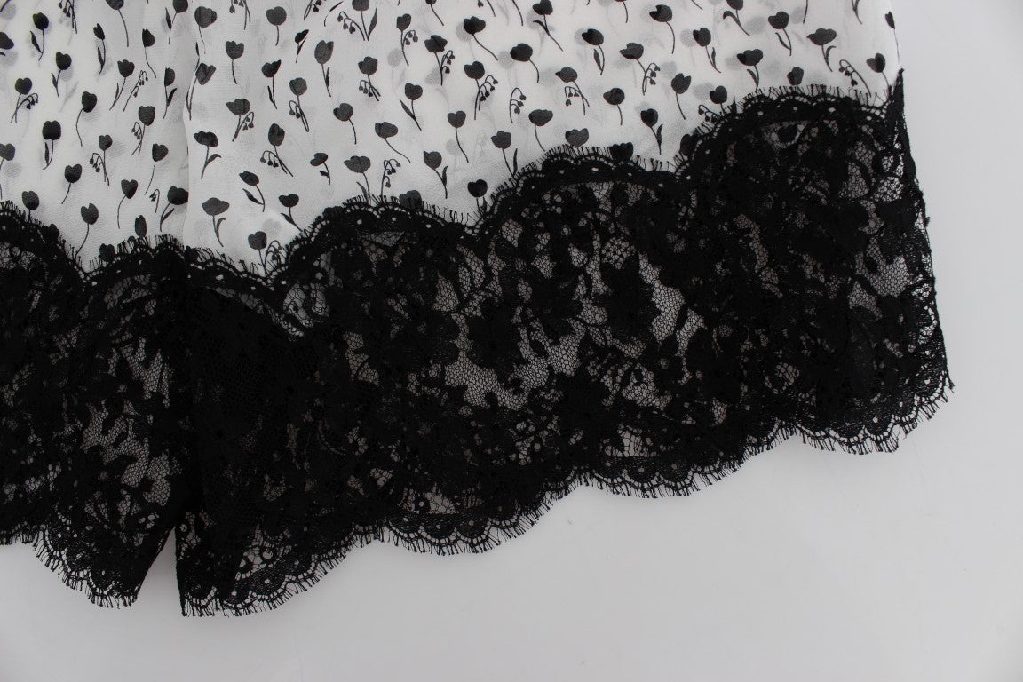White Black Floral Lace Silk Sleepwear Shorts-Dolce & Gabbana-LabelTerrace.com