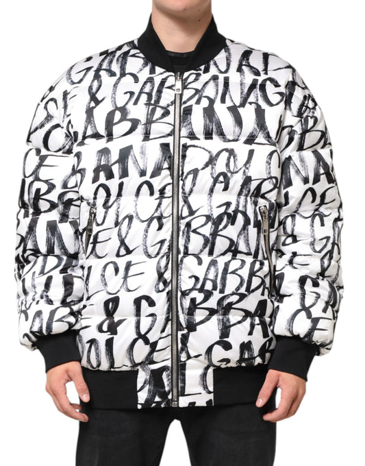 White Black Graffiti Logo Puffer Bomber Jacket