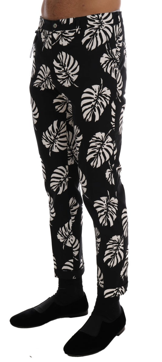 White Black Leaf Cotton Stretch Slim Pants-Dolce & Gabbana-LabelTerrace.com