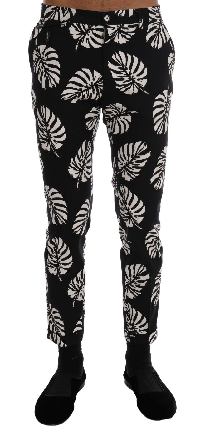 White Black Leaf Cotton Stretch Slim Pants-Dolce & Gabbana-LabelTerrace.com