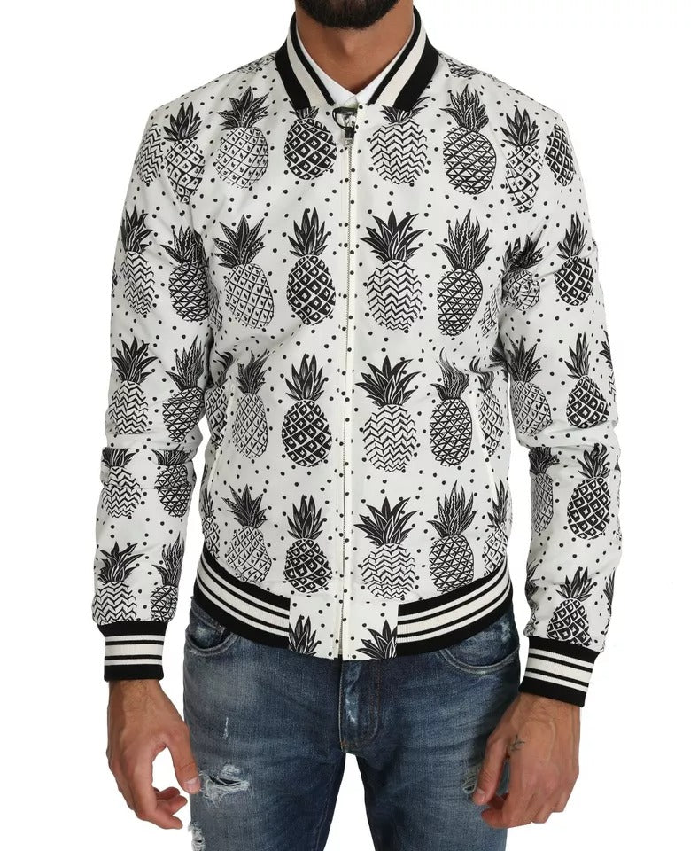 White Black Pineapple Bomber Coat Jacket-Dolce & Gabbana-LabelTerrace.com