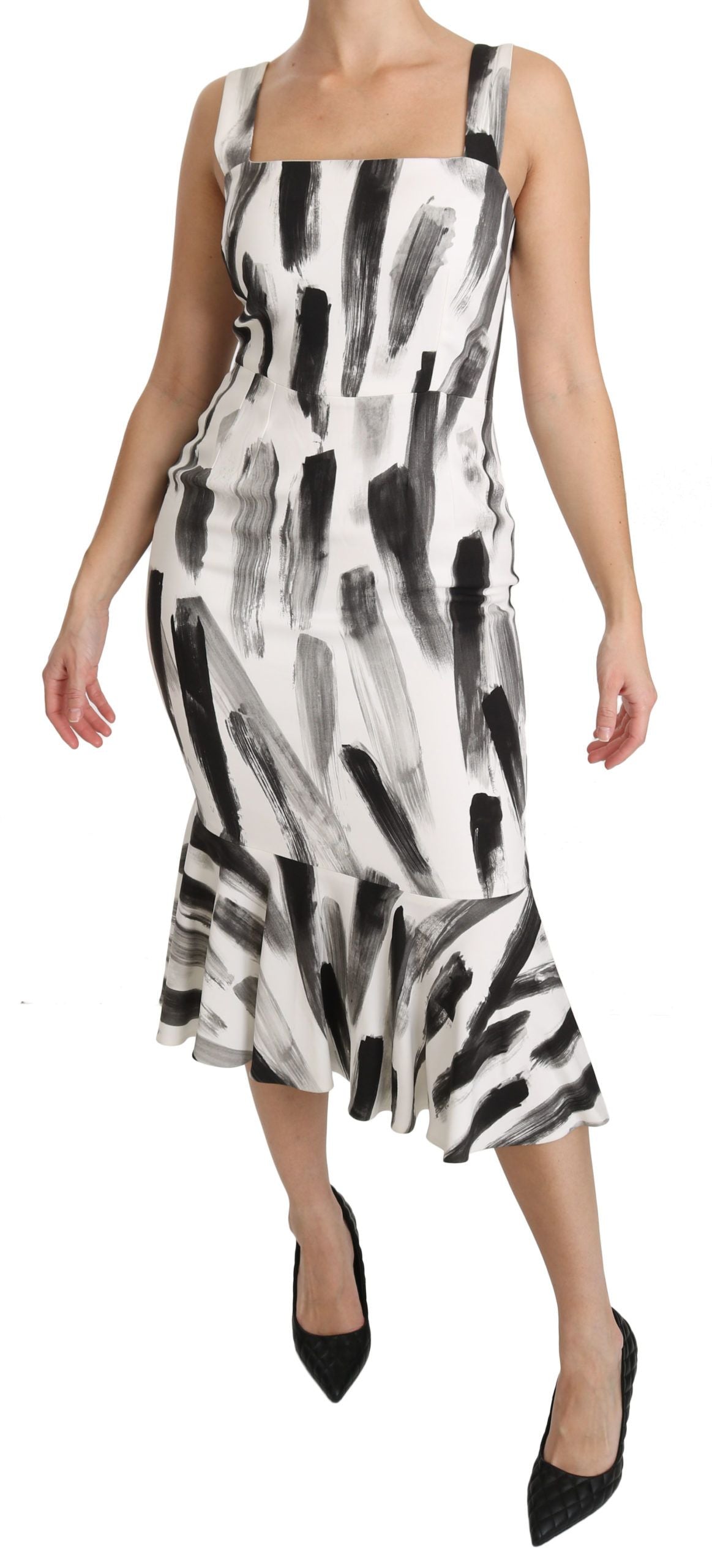 White Black Printed Sheath Midi Viscose Dress-Dolce & Gabbana-LabelTerrace.com