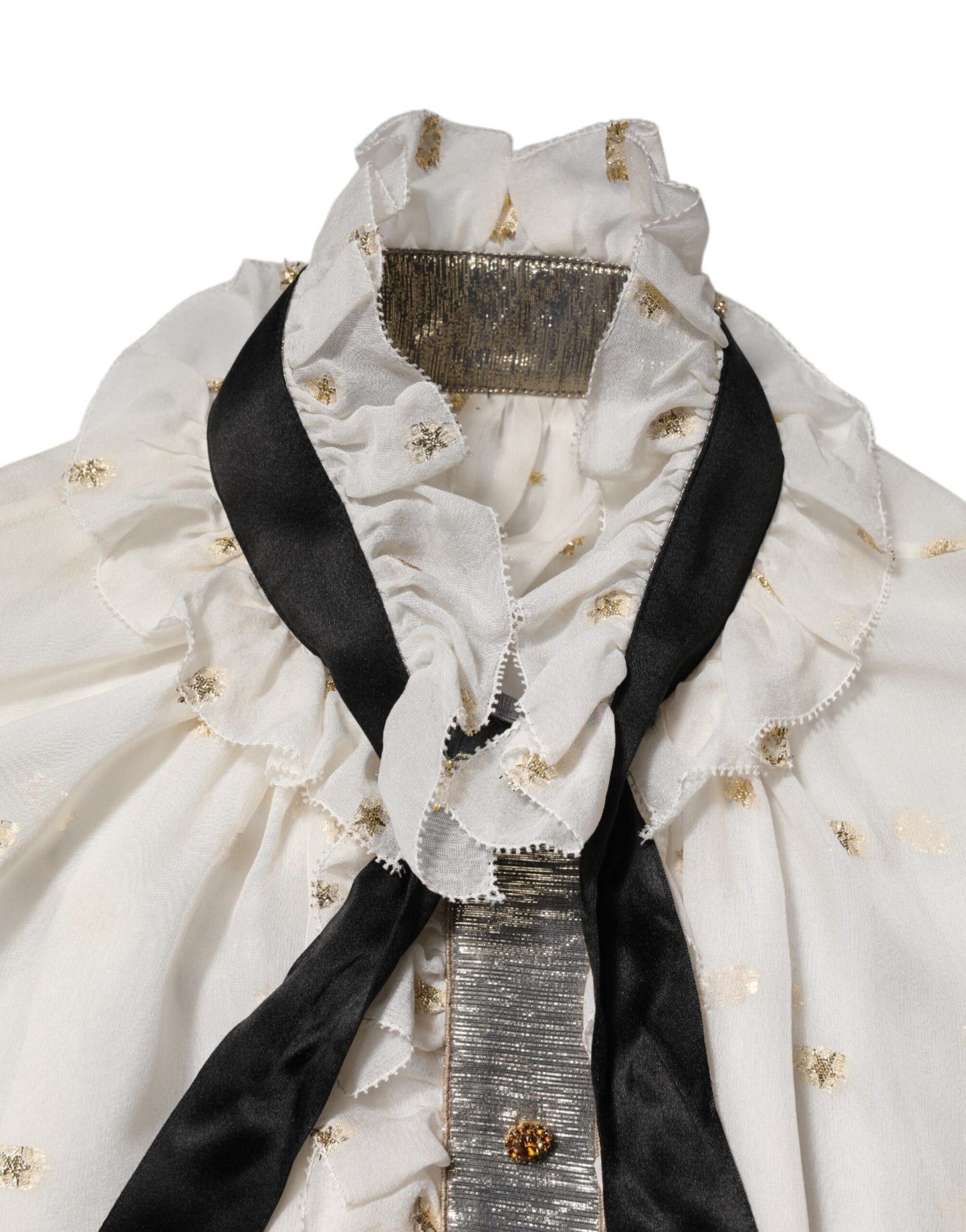 White Black Silk Long Sleeve Ascot Collar Top-Dolce & Gabbana-LabelTerrace.com