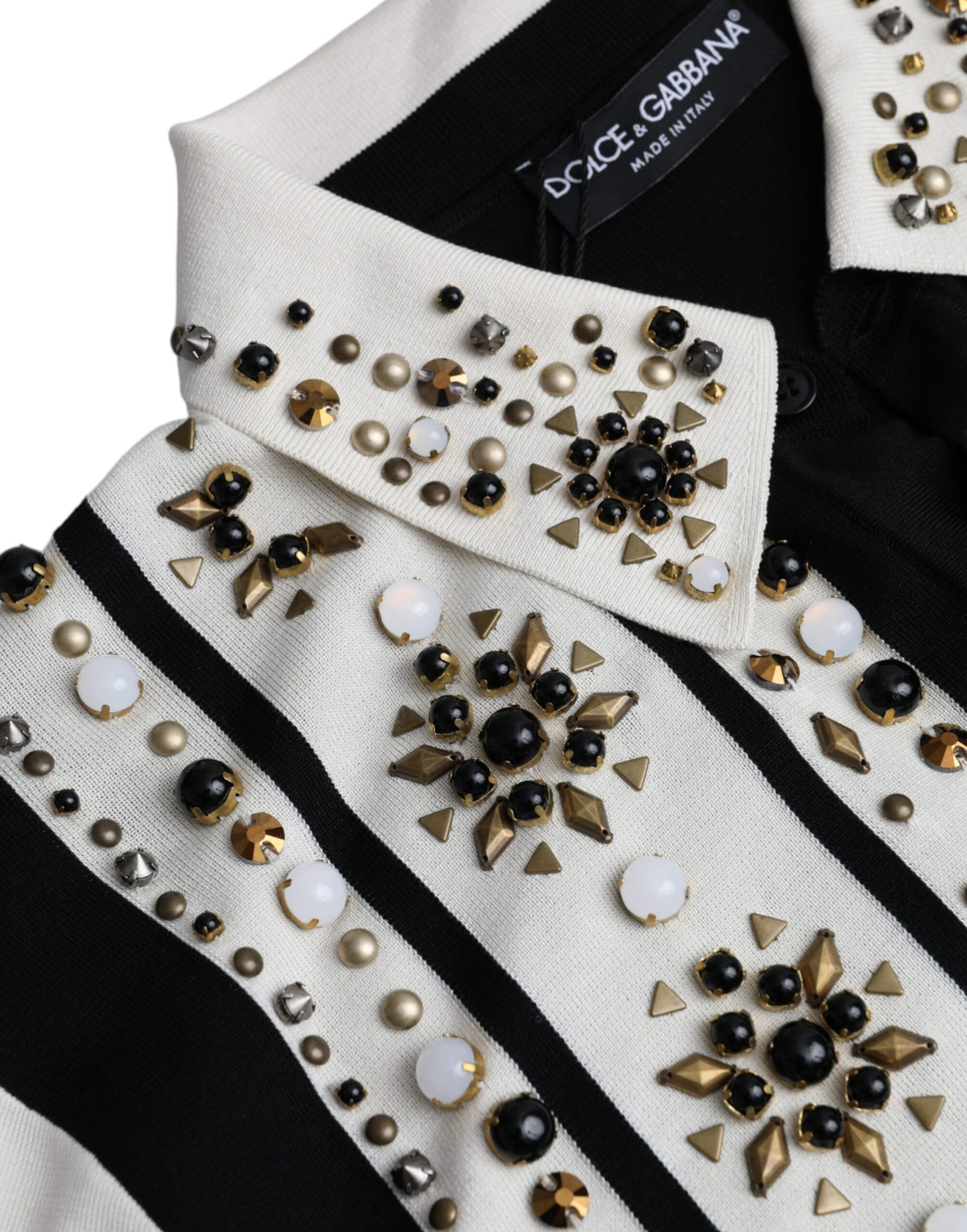 White Black Silk Studded Stone Crystal Shirt-Dolce & Gabbana-LabelTerrace.com
