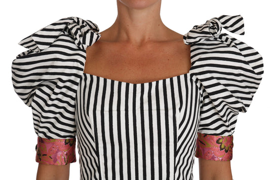 White Black Striped Cropped Top Puff Sleeve Shirts-Dolce & Gabbana-LabelTerrace.com