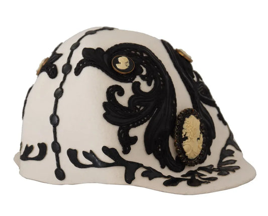 White Black Wool Embroidered Cameo Brooch Hat-Dolce & Gabbana-LabelTerrace.com