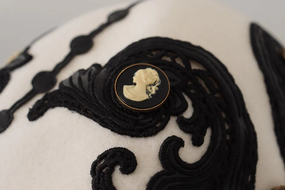 White Black Wool Embroidered Cameo Brooch Hat-Dolce & Gabbana-LabelTerrace.com