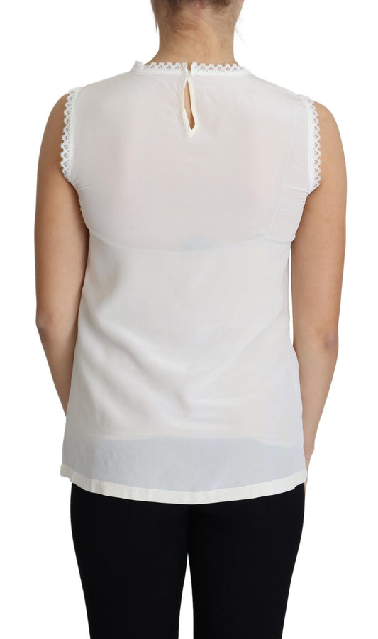 White Blouse Silk Lace Trimmed Sleeveless Top-Dolce & Gabbana-LabelTerrace.com