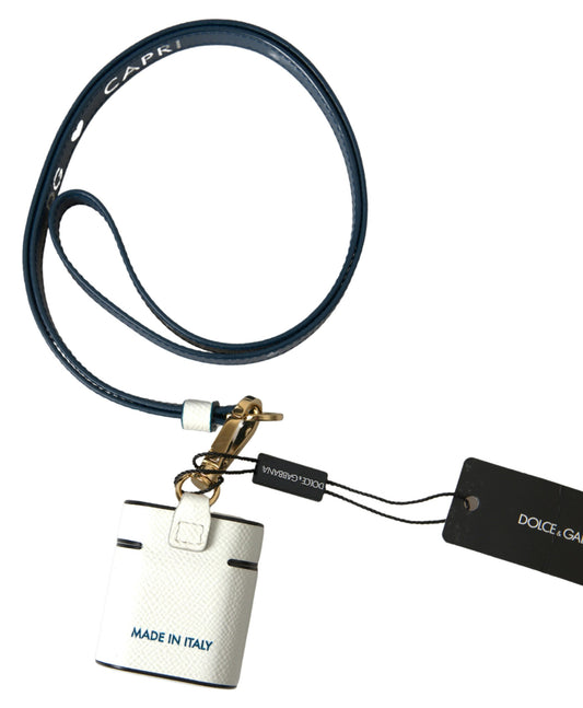 White Blue Calf Leather Logo Print Strap Airpods Case-Dolce & Gabbana-LabelTerrace.com