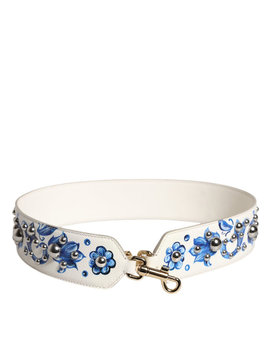 White Blue Floral Leather Stud Shoulder Strap-Dolce & Gabbana-LabelTerrace.com