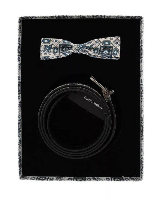 White Blue Silk Bowtie Leather Belt Gift Box Set-Dolce & Gabbana-LabelTerrace.com