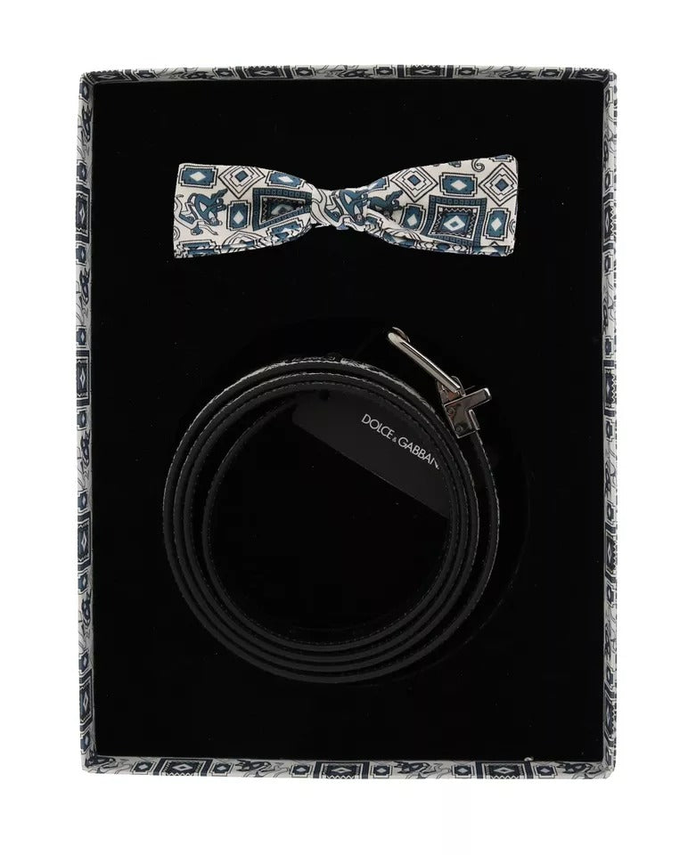 White Blue Silk Bowtie Leather Belt Gift Box Set-Dolce & Gabbana-LabelTerrace.com