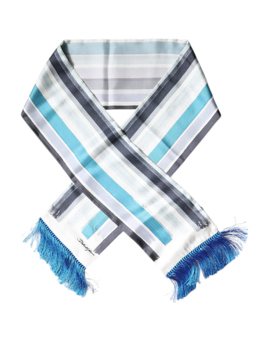 White Blue Stripes Silk Fringes Wrap Scarf-Dolce & Gabbana-LabelTerrace.com