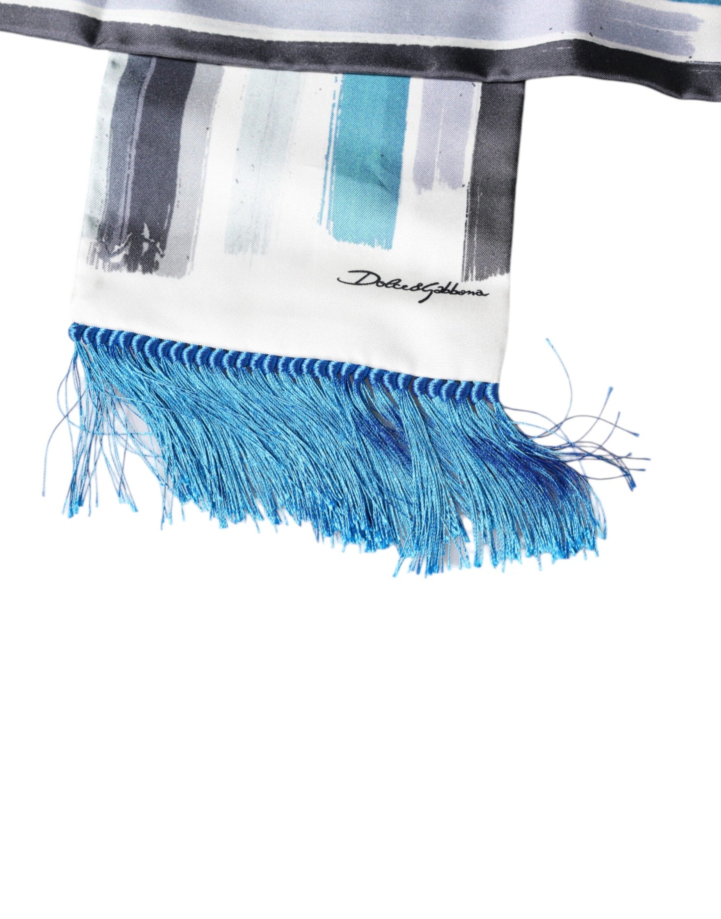 White Blue Stripes Silk Fringes Wrap Scarf-Dolce & Gabbana-LabelTerrace.com