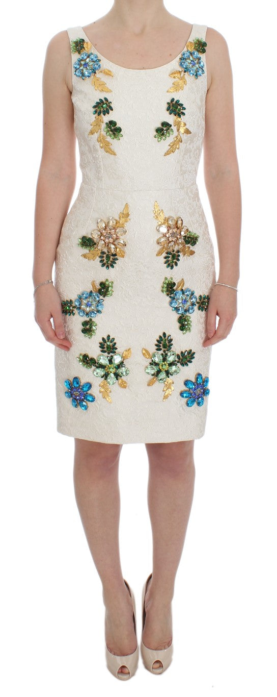 White Brocade Crystal Sheath Dress-Dolce & Gabbana-LabelTerrace.com