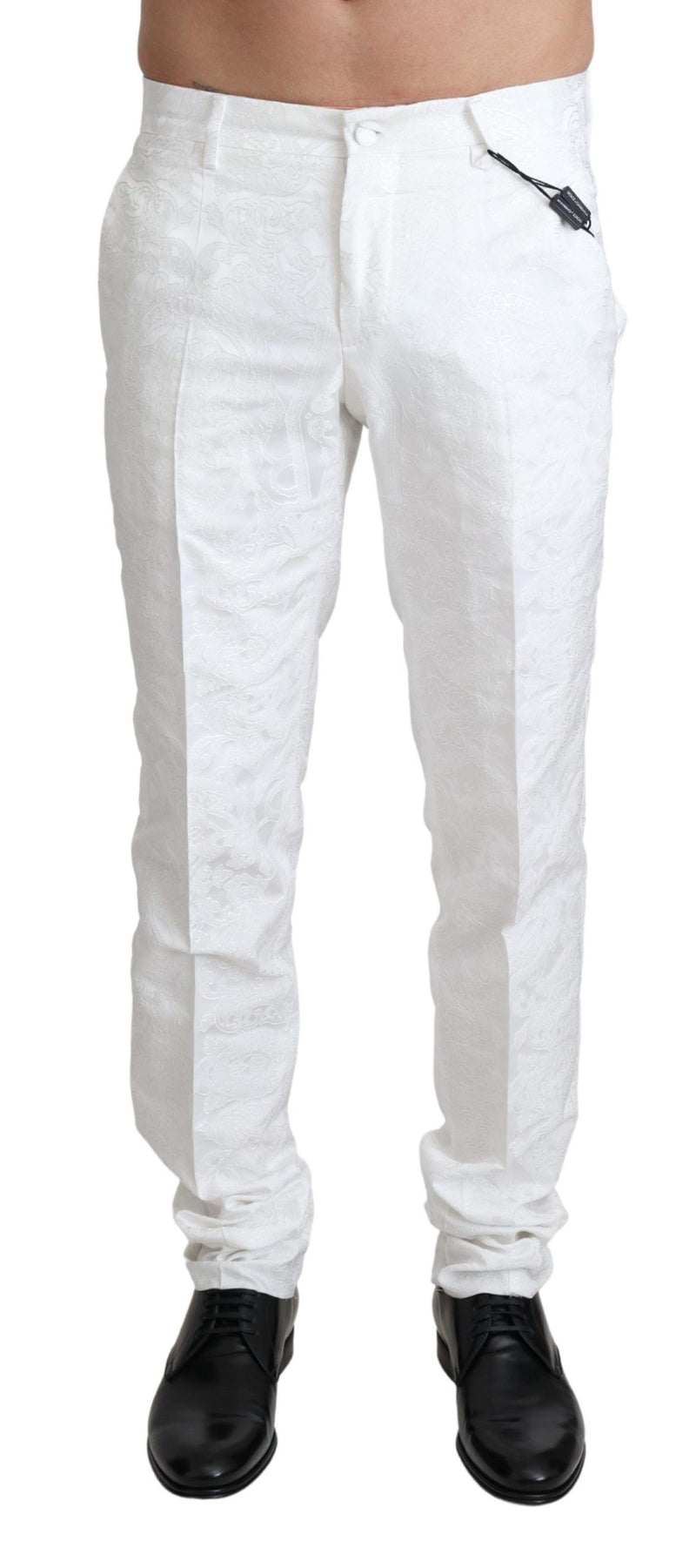 White Brocade Jaquard Dress Trouser Pants-Dolce & Gabbana-LabelTerrace.com