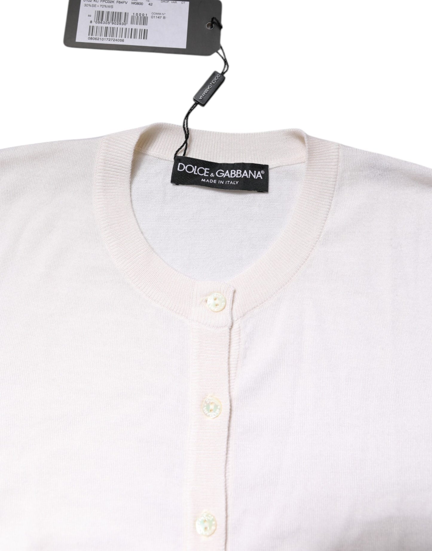 White Cashmere Crew Neck Top Cardigan Sweater-Dolce & Gabbana-LabelTerrace.com