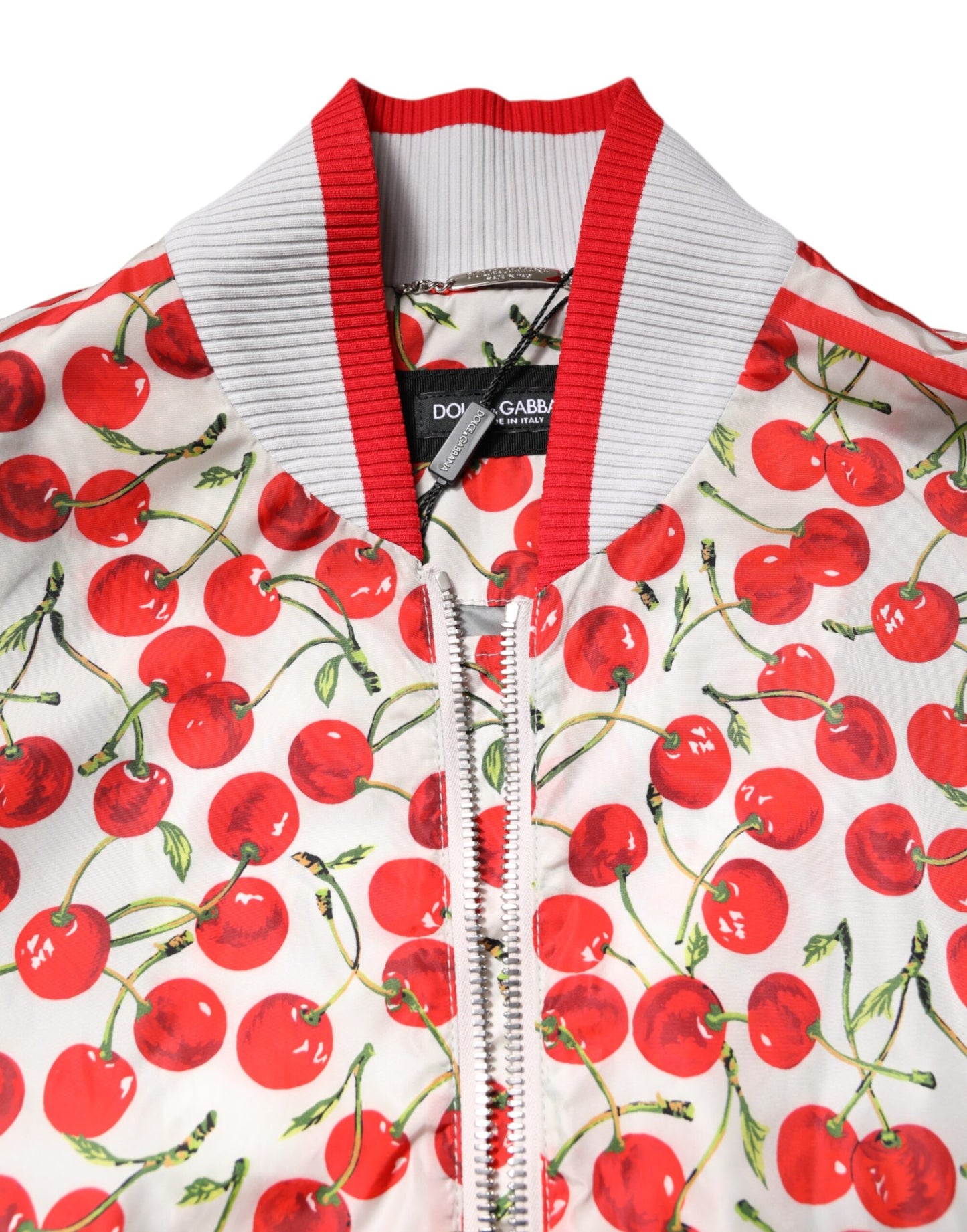 White Cherry Print Full Zip Bomber Jacket-Dolce & Gabbana-LabelTerrace.com