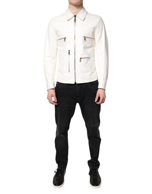 White Collared Full Zip Biker Coat Jacket-Dolce & Gabbana-LabelTerrace.com