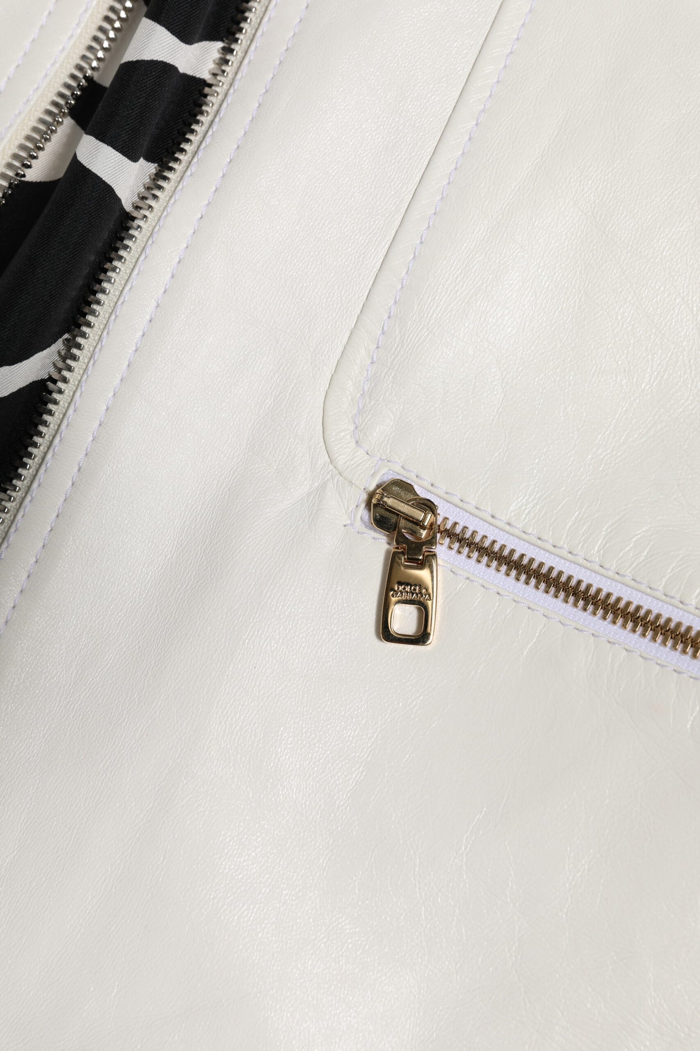 White Collared Full Zip Biker Coat Jacket-Dolce & Gabbana-LabelTerrace.com