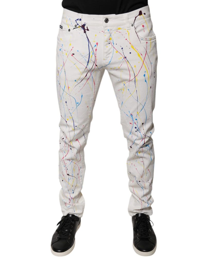 White Color Splash Print Skinny Denim Jeans-Dolce & Gabbana-LabelTerrace.com