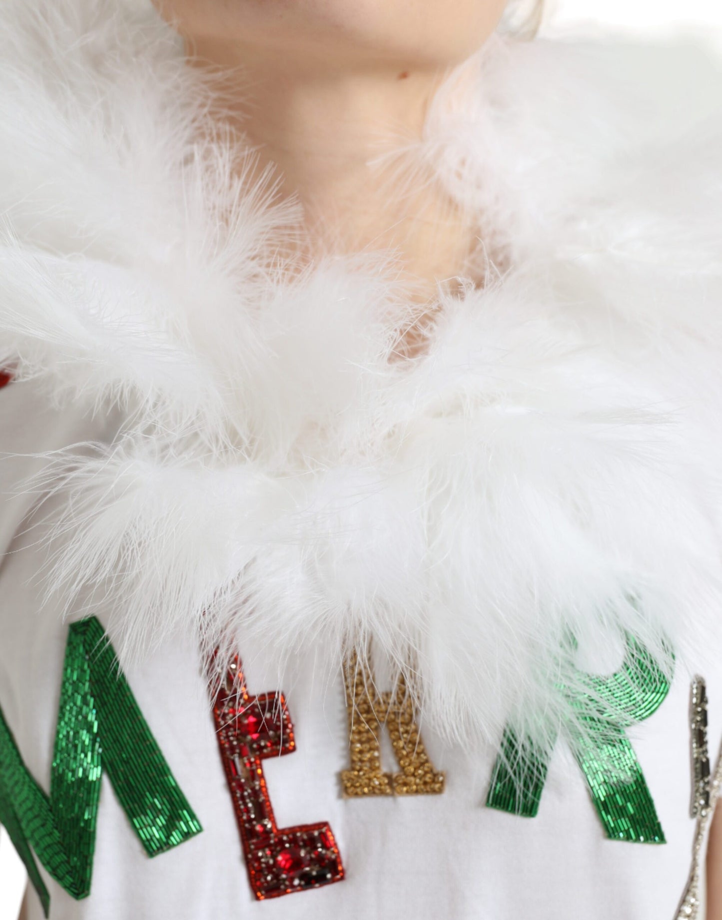 White Cotton Christmas Sequin Fur T-shirt-Dolce & Gabbana-LabelTerrace.com