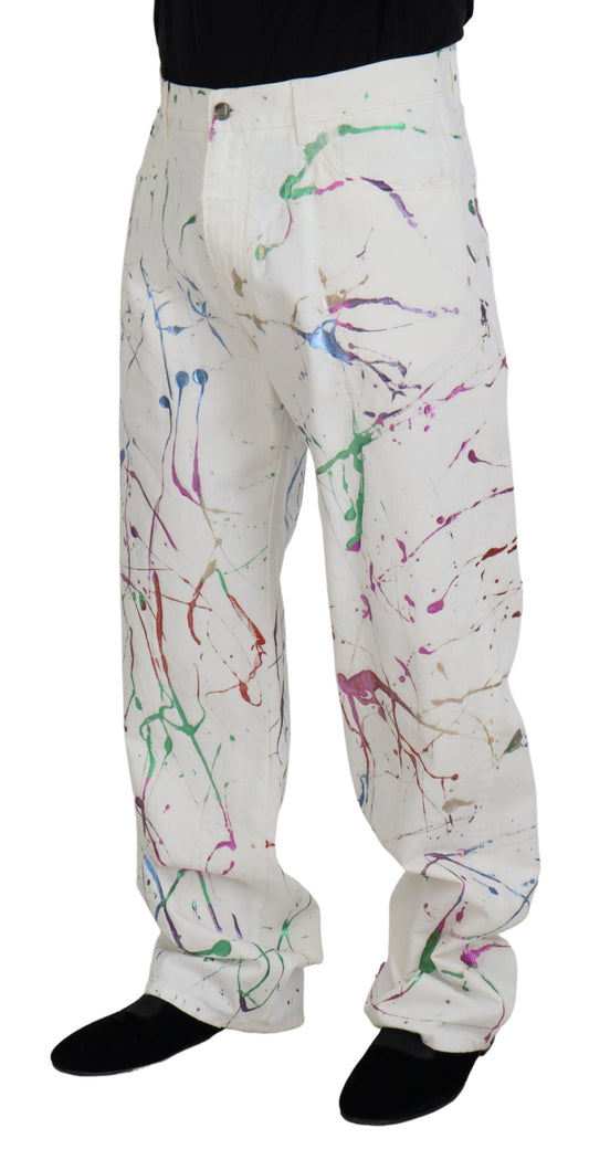 White Cotton Color Splash Print Denim Pants-Dolce & Gabbana-LabelTerrace.com