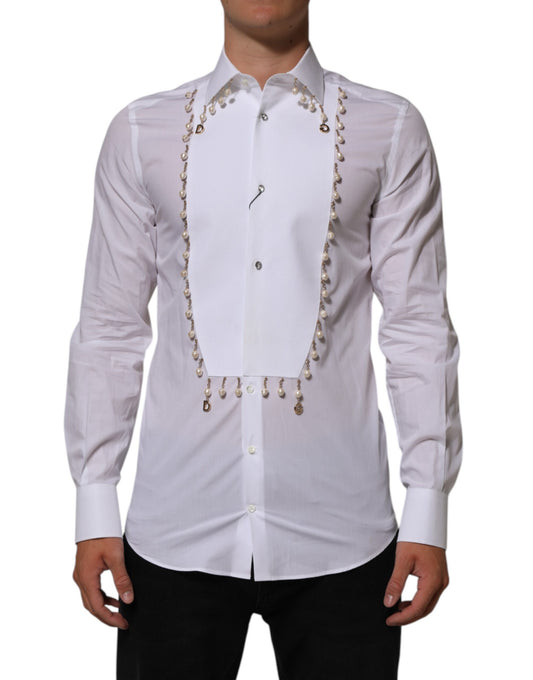 White Cotton DG Logo Pearl GOLD Formal Shirt-Dolce & Gabbana-LabelTerrace.com